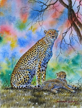 African Painting - Cheetah and Cub African